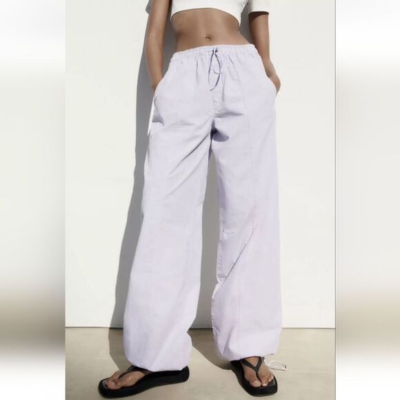 Zara Lavander Lilac Parachute Elastic Waist Side Pockets Pants S (E5) - Picture 1 of 14